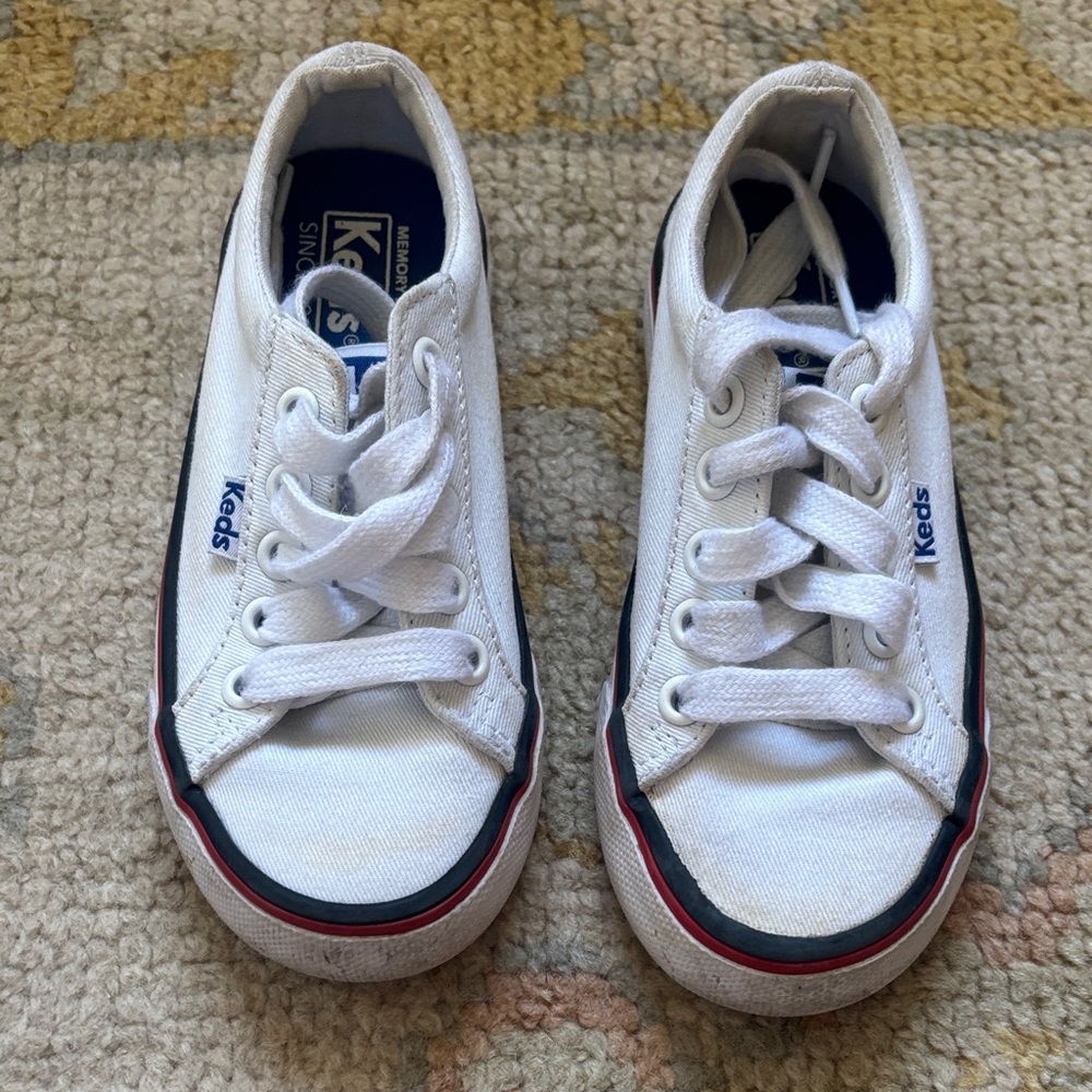 Keds Kids White Canvas Sneakers with Navy & Red Trim